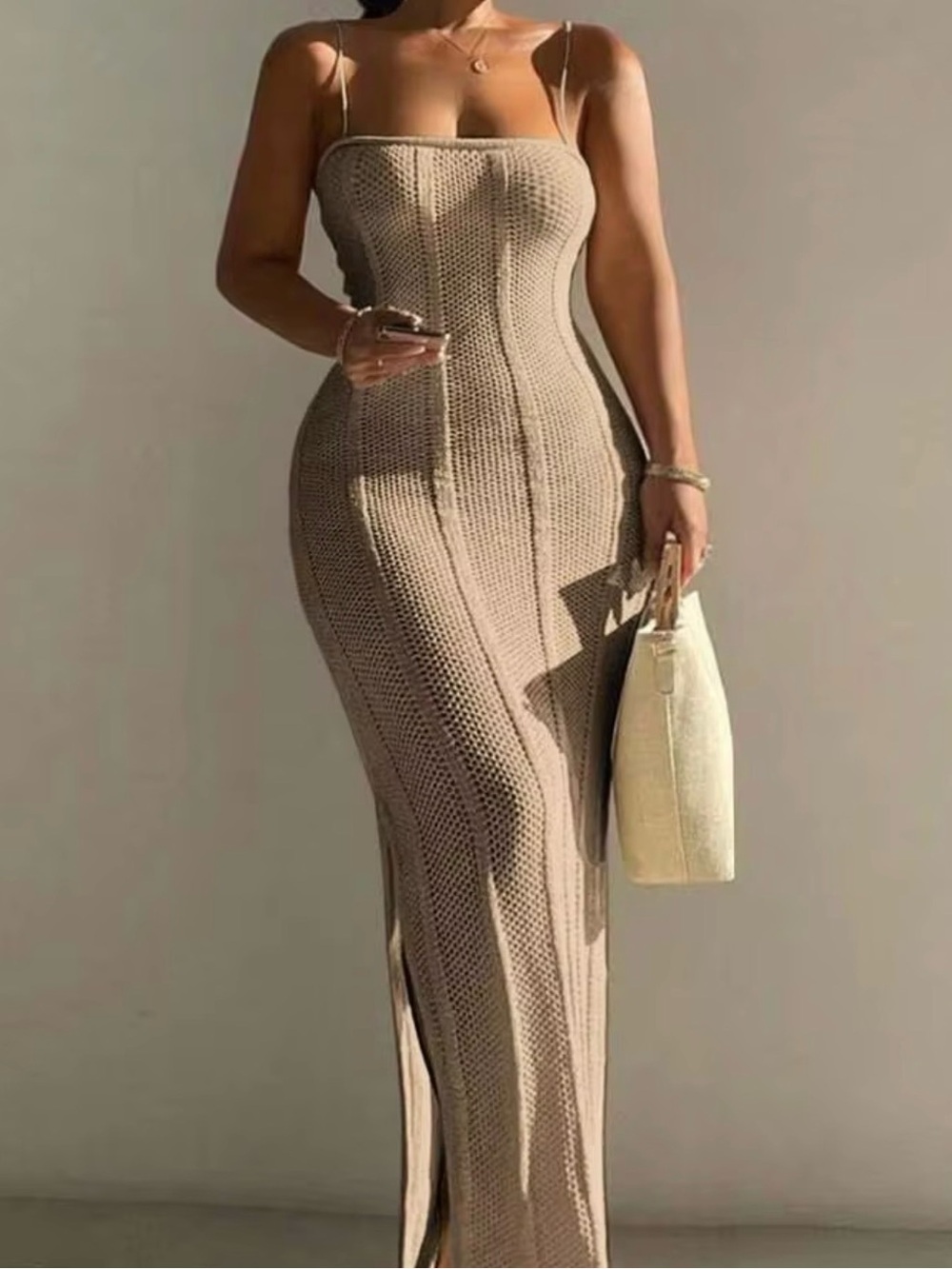 Sleeveless Beige Knit Bodycon Maxi Dress